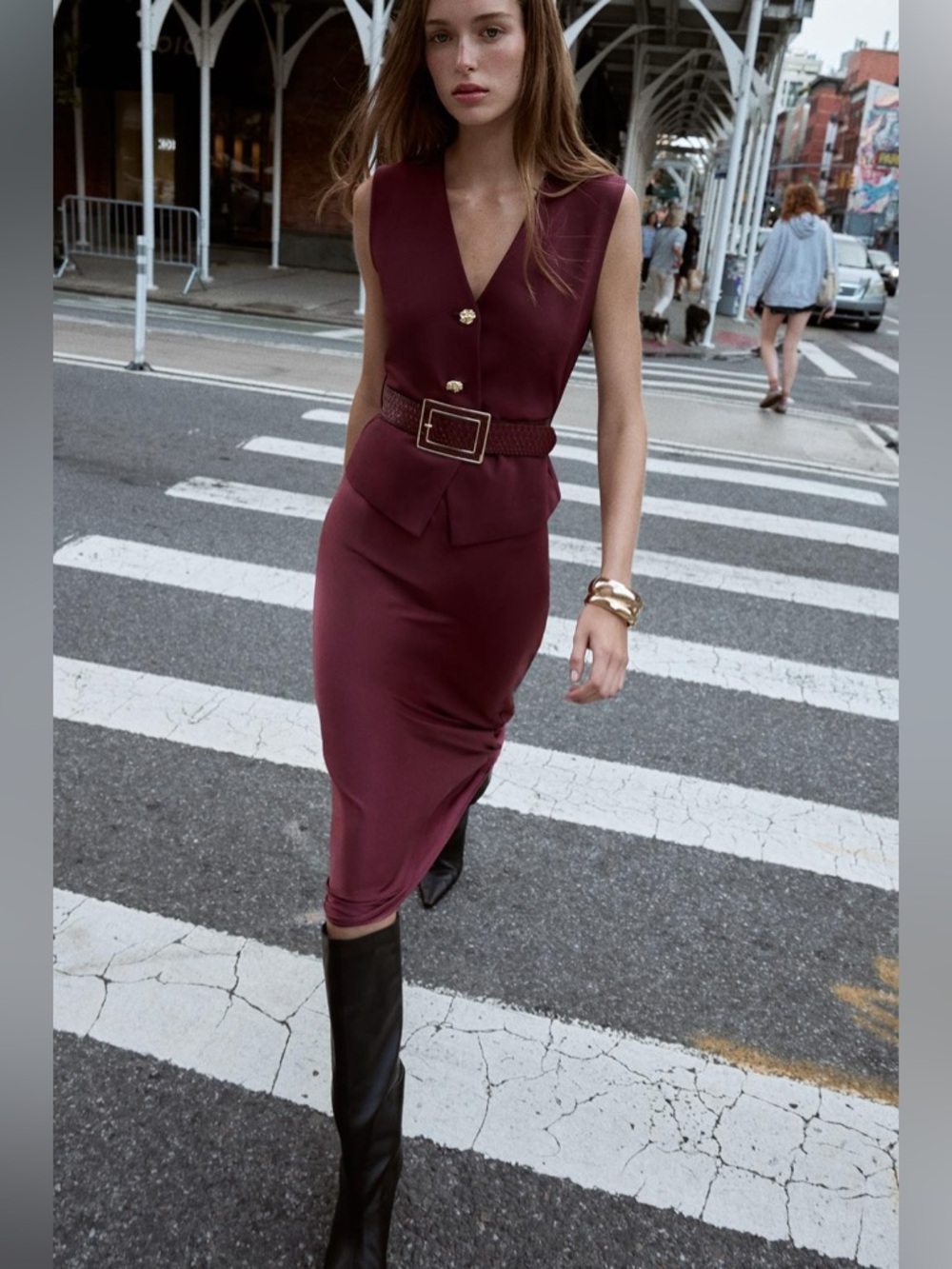 ZARA Combined Vest Belted Midi Dress, Burgundy M NWT